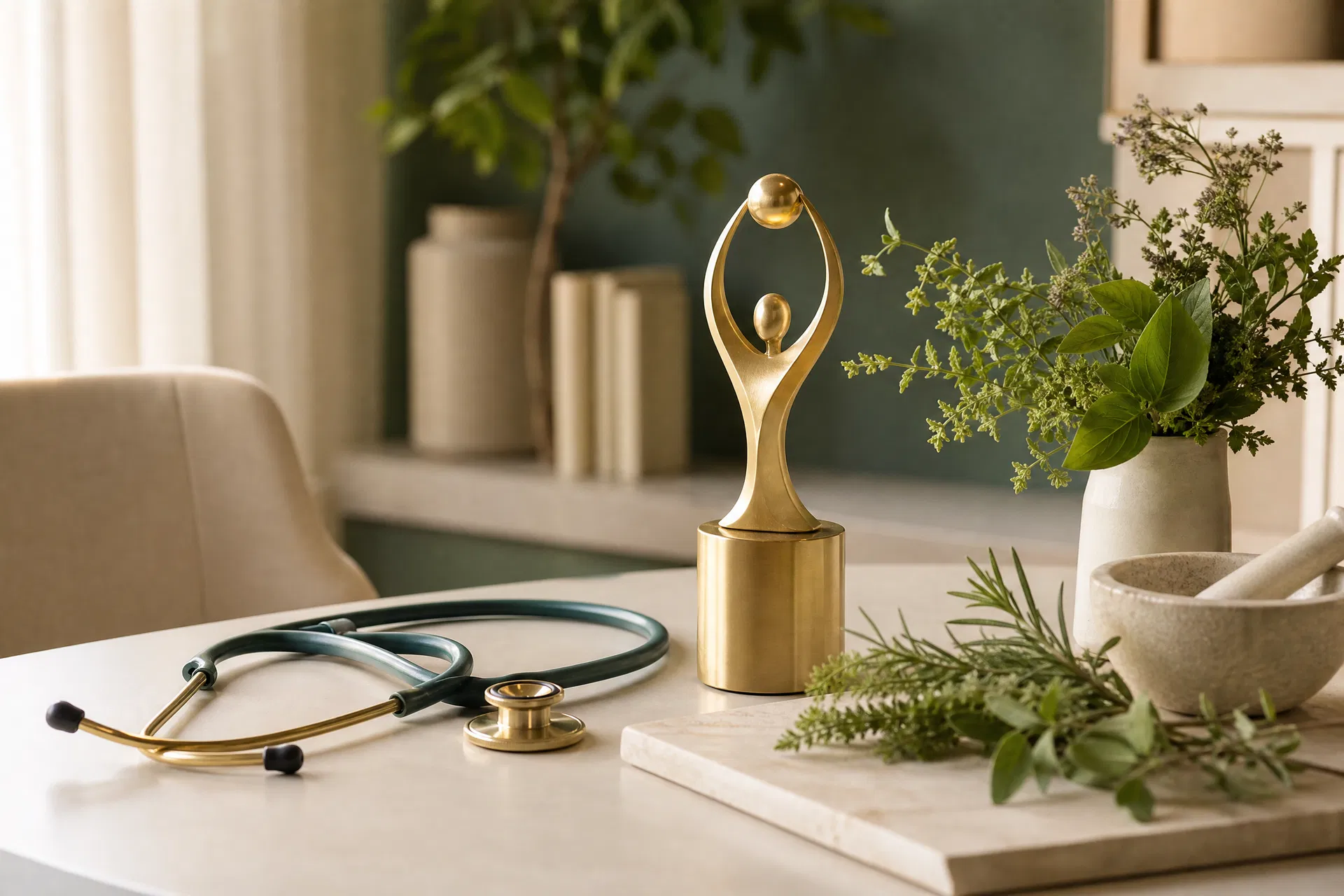 Gold award trophy with stethoscope and botanical herbs on a minimalist desk, functional medicine leadership award 2026
