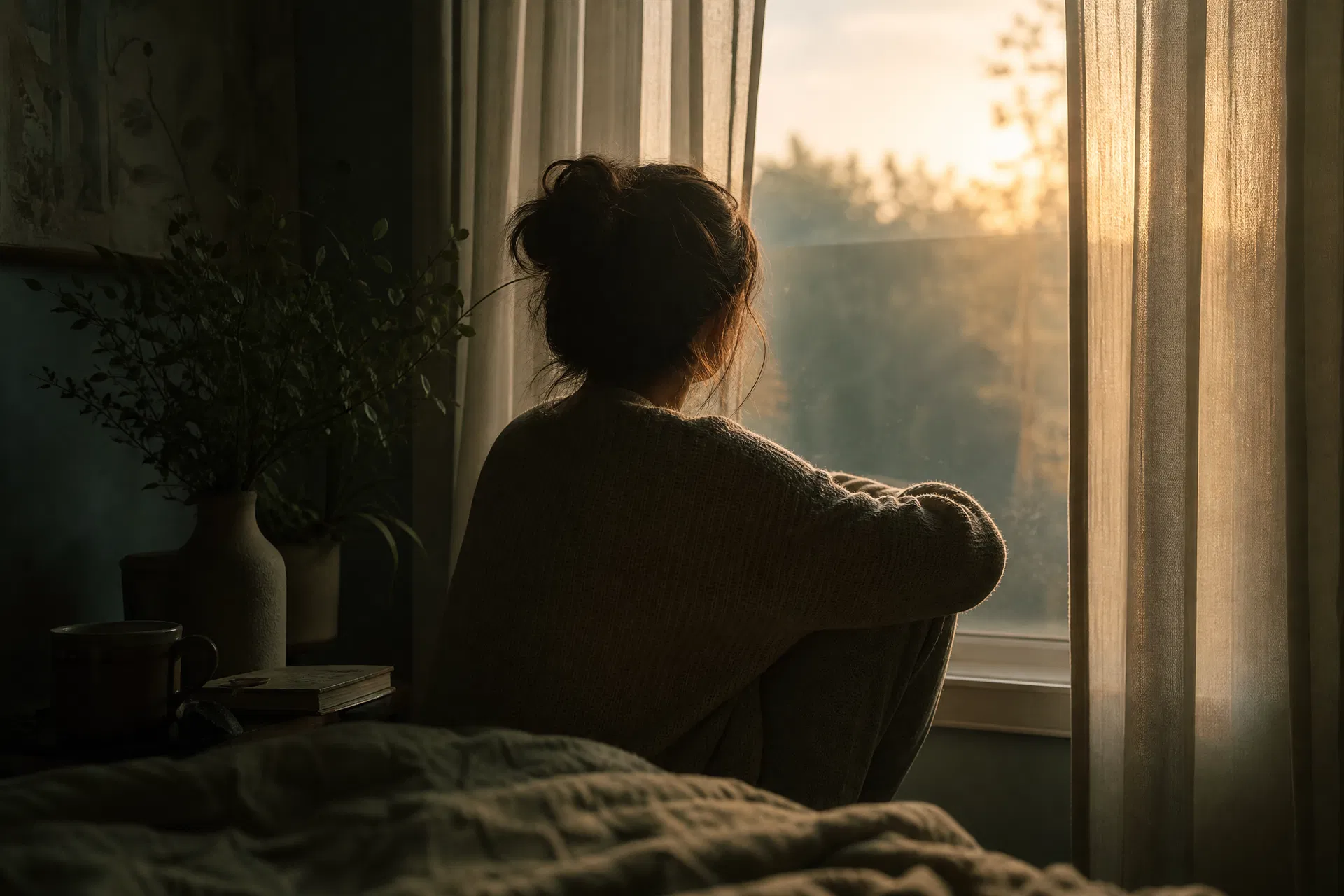 Woman silhouette sitting at a window at dawn looking tired and contemplative, chronic fatigue nervous system root cause