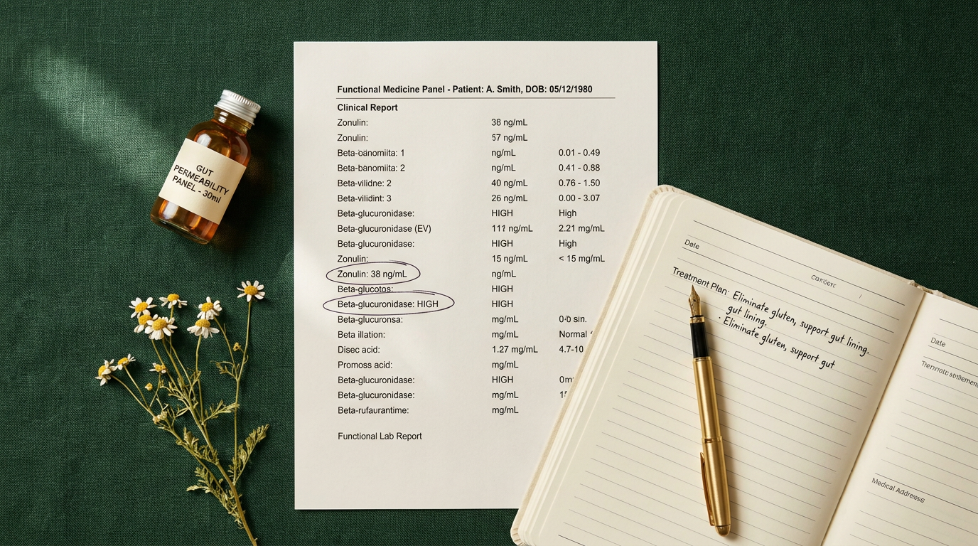 Functional medicine lab report showing zonulin and gut permeability markers alongside a hormone panel on a dark green desk, leaky gut hormones estrogen cortisol thyroid